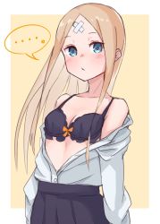 Rule 34 | ..., 1girl, abigail williams (fate), bandaid, bandaid on face, bandaid on forehead, bare shoulders, black bra, black skirt, blonde hair, blue eyes, blush, border, bra, breasts, cleavage, closed mouth, collarbone, collared shirt, crossed bandaids, dress shirt, fate/grand order, fate (series), forehead, highres, kopaka (karda nui), long hair, long sleeves, looking at viewer, off shoulder, open clothes, open shirt, parted bangs, shirt, skirt, small breasts, solo, spoken ellipsis, underwear, white border, white shirt, yellow background