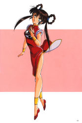 Rule 34 | 1990s (style), 1girl, absurdres, bracelet, breasts, brown hair, china dress, chinese clothes, dress, full body, gold trim, green eyes, highres, jewelry, long hair, mamono hunter youko, mano youko, medium breasts, official art, pink background, retro artstyle, scan, shoes, simple background, sleeveless, solo, twintails, yin yang