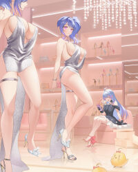 Rule 34 | 2girls, absurdres, alternate footwear, asymmetrical footwear, azur lane, bag, bare shoulders, blue hair, bow, bracelet, breasts, cellphone, cleavage, dress, evening gown, full body, hair bow, helena (azur lane), helena (may i have this dance?) (azur lane), high heels, highres, jewelry, large breasts, leg up, looking at mirror, manjuu (azur lane), mirror, mismatched footwear, multiple girls, official alternate costume, pedestal, phone, pumps, revealing clothes, shoe box, shoes, shop, shopping, sitting, smartphone, st. louis (azur lane), st. louis (luxurious wheels) (azur lane), stiletto heels, strappy heels, thigh strap, trying on clothes, zzo (chorizzzzo)