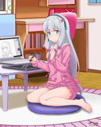 Rule 34 | 10s, 1girl, artist name, barefoot, bedroom, blush, bow, closed mouth, collarbone, computer, dated, desk, drawing, drawing tablet, eromanga sensei, frills, grey hair, hair bow, headset, highres, holding, indoors, izumi sagiri, laptop, long hair, long sleeves, low-tied long hair, nihility, pajamas, pink bow, signature, sitting, smile, solo, stylus, thighs, wariza
