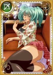Rule 34 | 00s, 1girl, :p, ahoge, ass, black legwear, bow (weapon), card (medium), female focus, green hair, ikkitousen, legs, looking at viewer, lowres, lying, naughty face, official art, panties, polka dot, ryofu housen, skirt, solo, tongue, tongue out, twintails, underwear, unmoving pattern, weapon