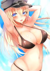 Rule 34 | 10s, 1girl, armpits, arms up, bikini, bismarck (kancolle), black bikini, blonde hair, blue eyes, breasts, cleavage, day, hair between eyes, hat, highres, kantai collection, large breasts, long hair, looking at viewer, navel, open mouth, shiny clothes, sky, solo, swimsuit, tiamat (momokuri mannen), wet