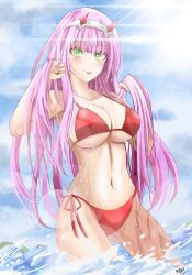 Rule 34 | beach, bikini, breasts, cleavage, cloud, collarbone, darling in the franxx, highres, horns, large breasts, looking at viewer, navel, pink hair, red bikini, red horns, sun, swimsuit, thighs, water, yukiart 83, zero two (darling in the franxx)