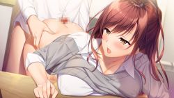Rule 34 | 1boy, 1girl, ayase hazuki, bent over, bottomless, breasts, brown hair, bush, cleavage, clothes lift, covered erect nipples, dress shirt, game cg, grey sweater, hetero, indoors, large breasts, long hair, on table, open mouth, penis, sex, sex from behind, shirt, standing, standing sex, sweater, sweater lift, table, tachibana iori, torso grab, very long hair, white shirt, yellow eyes, yubisaki connection