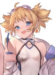 Rule 34 | 1boy, 1girl, absurdres, ahoge, bare shoulders, betabeet, blonde hair, blue eyes, blush, breasts, censored, clothed female nude male, coat, collarbone, competition swimsuit, covered erect nipples, earrings, erection, fang, frottage, goggles, goggles on head, granblue fantasy, head tilt, highres, jewelry, leotard, long sleeves, looking at viewer, mosaic censoring, nude, off shoulder, one-piece swimsuit, open clothes, open coat, open mouth, pengy (granblue fantasy), penis, penis to breast, penis under another&#039;s clothes, short hair, short twintails, simple background, single earring, skin fang, small breasts, solo focus, swimsuit, twintails, white background, white coat, white one-piece swimsuit