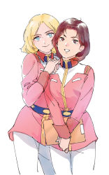 Rule 34 | 2girls, artist request, belt, blonde hair, blue belt, blue eyes, brown eyes, brown hair, closed mouth, eyebrows hidden by hair, eyes visible through hair, grin, gundam, hands on another&#039;s shoulder, head tilt, highres, military, military uniform, mirai yashima, mobile suit gundam, multiple girls, naughty face, pants, parted bangs, pink uniform, sayla mass, short hair, simple background, smile, uniform, v arms, white background, white pants, yuri