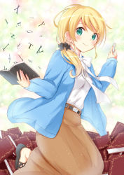 Rule 34 | 1girl, bad id, bad pixiv id, belt, blonde hair, blush, book, chalk, chm (macharge), ellen baker, green eyes, hair ornament, hair scrunchie, holding, holding book, long hair, looking at viewer, new horizon, open clothes, ponytail, scrunchie, smile, solo