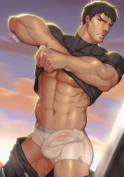 Rule 34 | 1boy, abs, bara, black hair, boxers, bulge, clothes lift, dark-skinned male, dark skin, dota: dragon&#039;s blood, dota (series), dota 2, dragon knight (dota), erection, erection under clothes, facial hair, forked eyebrows, goatee, goatee stubble, highres, lifting own clothes, male focus, male underwear, mature male, muscular, muscular male, navel, nipples, open pants, pants, pectorals, see-through, shirt lift, short hair, solo, stomach, stubble, sweat, thighs, uchu (uchuuux), underwear, undressing, wet, wet clothes, wet male underwear, white male underwear