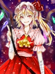 Rule 34 | 1girl, artist name, ascot, bandages, blonde hair, flandre scarlet, hat, laevatein, light particles, open mouth, red eyes, ribbon, rosette (roze-ko), short hair, side ponytail, sketch, smile, solo, touhou, wings