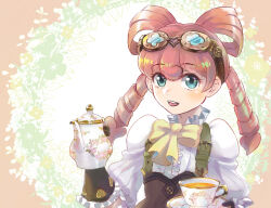 Rule 34 | 1girl, ace attorney, aqua eyes, ascot, blush, bow, bow-shaped hair, bowtie, brown gloves, brown skirt, buttons, center frills, cup, drill hair, frilled gloves, frilled shirt collar, frilled sleeves, frills, gloves, goggles, goggles on head, hair rings, hand up, high-waist skirt, holding, holding teapot, iris wilson, looking at viewer, medium hair, open mouth, pink hair, puffy sleeves, shirt, shoulder strap, skirt, solo, teacup, teapot, the great ace attorney, twintails, white shirt, yellow ascot, yellow bow, yellow bowtie, yue 0809