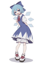 Rule 34 | 1girl, absurdres, bloomers, blue bow, blue dress, blue eyes, blue hair, blush stickers, bow, cirno, collared shirt, detached wings, dress, fairy, fang, full body, hair between eyes, hair bow, highres, ice, ice wings, kame (kamepan44231), open mouth, puffy short sleeves, puffy sleeves, shirt, shoes, short hair, short sleeves, simple background, skin fang, sneakers, solo, standing, touhou, underwear, white background, white bloomers, white footwear, white shirt, wings
