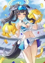 Rule 34 | 1girl, :o, absurdres, animal ears, black hair, blue archive, blurry, breasts, cheerleader, cleavage, commentary request, confetti, depth of field, dog ears, dog girl, dog tail, extra ears, eyewear on head, facial tattoo, gonggo, grey eyes, hair between eyes, halo, hibiki (blue archive), hibiki (cheer squad) (blue archive), highres, holding, holding pom poms, long hair, looking at viewer, medium breasts, millennium cheerleader outfit (blue archive), navel, official alternate costume, panties, pantyshot, pom pom (cheerleading), pom poms, ponytail, sidelocks, sleeveless, solo, stadium, star tattoo, stomach, sunglasses, sweat, tail, tattoo, underwear, wavy mouth, white panties