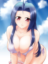 Rule 34 | 1girl, ass, bare shoulders, bent over, bikini, blue hair, blush, breasts, breasts squeezed together, cleavage, cloud, collarbone, covered erect nipples, huge breasts, idolmaster, idolmaster (classic), legs, long hair, looking at viewer, miura azusa, open mouth, red eyes, simple background, sky, smile, solo, sunlight, swimsuit, thigh strap, thighs