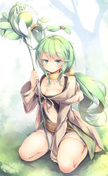 Rule 34 | 1girl, :&lt;, absurdres, aqua eyes, bare legs, between legs, breasts, caam serenity of gusto, center opening, cleavage, commentary request, duel monster, full body, green hair, hand between legs, highres, holding, holding staff, kanzakietc, large breasts, long hair, looking at viewer, navel, necktie, ponytail, shorts, sitting, solo, staff, wide sleeves, yu-gi-oh!