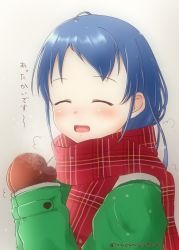 Rule 34 | 1girl, blue hair, brown mittens, closed eyes, coat, commentary request, gradient hair, green coat, kantai collection, long hair, mae (maesanpicture), mittens, multicolored hair, one-hour drawing challenge, plaid, plaid scarf, red scarf, samidare (kancolle), scarf, solo, swept bangs, twitter username, upper body, very long hair