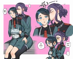 Rule 34 | !?, 2girls, absurdres, arm sling, asticassia school uniform, bandaid, bandaid on face, blue hair, blush, braid, broken arm, closed eyes, commentary, commentary request, english commentary, french braid, gloves, gundam, gundam suisei no majo, highres, hug, hug from behind, kiss, maybecrosswise, medium hair, multiple girls, nika nanaura, pantyhose, purple hair, sabina fardin, school uniform, short hair, shoulder boards, socks, speech bubble, surprised, thai text, thought bubble, translation request, white gloves, yuri