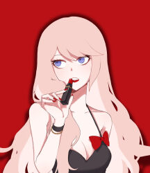 Rule 34 | 1girl, absurdres, bare shoulders, black dress, blonde hair, blue eyes, bow, bracelet, breasts, cleavage, collarbone, danganronpa: trigger happy havoc, danganronpa (series), dress, enoshima junko, highres, hy (fjvlg), jewelry, large breasts, long hair, nail polish, red background, red bow, red lips, red nails, sideways glance, solo, teeth, upper body