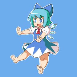 Rule 34 | &gt;:d, 1girl, :d, ascot, barefoot, blue eyes, blue hair, blush, bow, cirno, dress, eyebrows, feet, hair bow, highres, ice, ice wings, large bow, legs, matching hair/eyes, open mouth, outline, outstretched arms, rokugurin, short eyebrows, short hair, smile, smug, soles, solo, thick eyebrows, thick thighs, thighs, toes, touhou, v-shaped eyebrows, wings