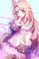Rule 34 | 1girl, :p, animal ear fluff, animal ears, blue eyes, blush, bone hair ornament, bow, bracelet, dog ears, dog girl, dog tail, dress, hair bow, hair ornament, hair ribbon, hairclip, hand to own mouth, highres, jewelry, long hair, long sleeves, multicolored clothes, original, parted bangs, paw hair ornament, paw print, pink bow, pink dress, puffy sleeves, ribbon, solo, tail, tongue, tongue out, wata (attaka towel)