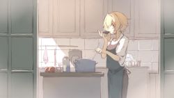Rule 34 | 1girl, apron, black pants, blonde hair, blouse, cabinet, casual, contemporary, counter, egg, genshin impact, green apron, highres, indoors, kitchen, ladle, long sleeves, lumine (genshin impact), milk carton, n.s.egg, pants, plate, pot, shirt, short hair with long locks, sidelocks, sketch, sleeves rolled up, solo, tasting plate, tomato, towel, white shirt, yellow eyes