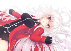 Rule 34 | 1girl, absurdres, black skirt, blush, breasts, cherry blossoms, coat, gloves, highres, long hair, long sleeves, looking at viewer, lying, medium breasts, murasame shia, on back, open mouth, original, petals, red coat, signature, silver hair, skirt, solo, tail ein, white gloves