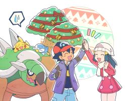 Rule 34 | 1boy, 1girl, :d, arm up, ash ketchum, baseball cap, beanie, black hair, blue pants, blush, christmas, closed eyes, coat, commentary request, creatures (company), dawn (pokemon), dododo dadada, eyelashes, fingerless gloves, game freak, gen 1 pokemon, gen 4 pokemon, gloves, hair ornament, hairclip, hat, high five, jacket, long hair, long sleeves, lying, nintendo, notice lines, on stomach, open clothes, open jacket, open mouth, pants, pikachu, piplup, pokemon, pokemon (anime), pokemon (creature), pokemon dppt (anime), red coat, red headwear, scarf, short hair, smile, sweatdrop, tongue, torterra, tree, white headwear, white scarf, winter clothes, |d