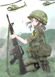 Rule 34 | 1girl, 1st cavalry division, aircraft, ar-15, artist name, black footwear, boots, brown hair, camouflage, camouflage headwear, canteen, combat helmet, full body, grass, green eyes, green jacket, gun, gun sling, helicopter, helmet, highres, holding, holding weapon, jacket, kneeling, knife, knife sheath, load bearing vest, long hair, looking at viewer, military, military uniform, open mouth, original, outdoors, pants, pants tucked in, pouch, purple eyes, rifle, savankov, sheath, sleeves rolled up, solo, uh-1 iroquois, uniform, united states army, weapon