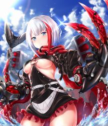 Rule 34 | 1girl, admiral graf spee (azur lane), agibe, azur lane, belt, black dress, black legwear, blue eyes, blunt bangs, blush, breasts, closed mouth, cowboy shot, day, dress, hands up, highres, in water, looking at viewer, machinery, multicolored hair, necktie, o-ring, outdoors, red hair, red necktie, red scarf, rigging, scarf, short hair, short sleeves, sidelocks, silver hair, small breasts, solo, splashing, streaked hair, underboob, wading, water drop