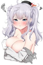 Rule 34 | 1girl, :t, beret, blue eyes, blush, breasts, frilled sleeves, frills, gloves, grey hair, hat, highres, jacket, kantai collection, kashima (kancolle), large breasts, long hair, long sleeves, looking at viewer, military, military jacket, military uniform, solo, torn clothes, twintails, uniform, upper body, wavy hair, white gloves, yomogi dango