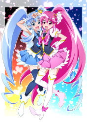 Rule 34 | 10s, 2girls, aino megumi, blue hair, blue skirt, blue thighhighs, boots, bow, brooch, crown, cure lovely, cure princess, happinesscharge precure!, heart, heart brooch, long hair, looking at viewer, magical girl, multiple girls, nakahira guy, open mouth, pink bow, pink eyes, pink hair, pink skirt, ponytail, precure, shirayuki hime, skirt, thigh boots, thighhighs, twintails, v, very long hair, wide ponytail, zettai ryouiki