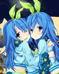 Rule 34 | 2girls, ;d, absurdres, animal ears, blue eyes, blue hair, fake animal ears, hairband, highres, hug, long hair, looking at viewer, midriff, multiple girls, near (sound voltex), noah (sound voltex), one eye closed, open mouth, rabbit ears, rabbit tail, short eyebrows, siblings, sisters, smile, sound voltex, sound voltex ii infinite infection, star (symbol), star print, tail, tries, twins, wide sleeves