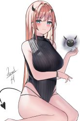 Rule 34 | 1girl, absurdres, azurel577, bare arms, bare legs, bare shoulders, black leotard, blue eyes, blush, breast hold, breasts, closed mouth, commentary, demon girl, demon horns, demon tail, english commentary, expressionless, floating, floating object, full body, highres, holding, horns, large breasts, leotard, long hair, looking at viewer, orange hair, original, seiza, signature, simple background, sitting, sleeveless, solo, tail, thighs, white background