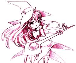Rule 34 | 1girl, choker, cierra (riviera), elbow gloves, gloves, hat, long hair, monochrome, nekomata naomi, red theme, riviera, sketch, solo, staff, thighhighs, witch, witch hat