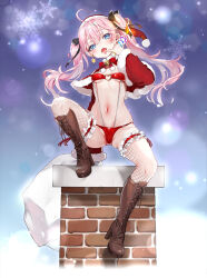 Rule 34 | 1girl, ahoge, arm warmers, bell, bikini, black ribbon, blue eyes, blush, boots, bow, bowtie, breasts, brown footwear, candle, candlelight, capelet, chimney, christmas, commentary request, copyright request, cross-laced footwear, detached sleeves, earrings, fangs, fishnet thighhighs, fishnets, frilled thighhighs, frills, full body, fur-trimmed capelet, fur-trimmed headwear, fur trim, gradient background, hair between eyes, hair ribbon, hat, heart o-ring, heart ring top, high heel boots, high heels, holding, holding candle, inguinal groove, jewelry, jingle bell, knee up, lace-up boots, long hair, looking at viewer, navel, neck bell, nekometaru, official art, outdoors, pink hair, pom pom (clothes), red bikini, red bow, red bowtie, red capelet, red hat, revealing clothes, ribbon, sack, santa bikini, santa costume, santa hat, small breasts, snow, snowflakes, solo, star (symbol), star earrings, strapless, swimsuit, thighhighs, tube top, twintails