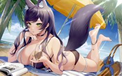Rule 34 | 1girl, animal ear fluff, animal ears, ass, bare arms, bare shoulders, barefoot, beach, beach mat, bikini, black choker, black hair, book, breasts, choker, cleavage, cup, day, drinking glass, fox ears, fox girl, fox tail, green eyes, head rest, highres, holding, illian-san, large breasts, long hair, looking at viewer, lying, meridian project, mole, mole on breast, nail polish, on stomach, outdoors, parted lips, seki (vtuber), solo, string bikini, sunlight, swept bangs, swimsuit, tail, the pose, thigh strap, thighs, two-tone bikini, virtual youtuber, wine glass