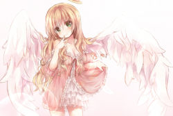 Rule 34 | 1girl, angel, angel wings, bad id, bad pixiv id, blonde hair, breasts, cleavage, feathered wings, green eyes, halo, hand to own mouth, kofa (ikyurima), lingerie, long hair, negligee, original, small breasts, smile, solo, underwear, white wings, wings