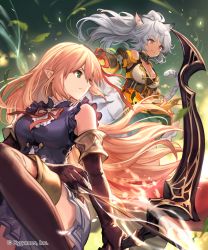 Rule 34 | 2girls, animal ears, arisa (shadowverse), blonde hair, bow, bow (weapon), breasts, brown gloves, cleavage, cygames, frilled shirt, frills, gloves, green eyes, hair between eyes, highres, holding, holding bow (weapon), holding weapon, latika (shadowverse), leaf, lee hyeseung, long hair, multiple girls, official art, pointy ears, ponytail, red eyes, shadowverse, shirt, sitting, skirt, sleeveless, tail, tan, thighhighs, weapon
