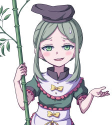 Rule 34 | 1girl, absurdres, black hat, bow, eyebrows hidden by hair, green eyes, green hair, hat, highres, holding, holding plant, kame (kamepan44231), looking at viewer, one-hour drawing challenge, open mouth, plant, short hair, short sleeves, sidelocks, simple background, smile, solo, standing, sweatdrop, tate eboshi, teireida mai, touhou, upper body, white background, yellow bow