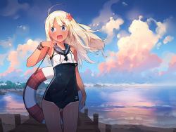 Rule 34 | 10s, 1girl, :d, ahoge, anchor, beach, blonde hair, blue eyes, blush, bracelet, cloud, cloudy sky, covered navel, cowboy shot, crop top, ddal, dock, floating hair, flower, hair flower, hair ornament, jewelry, kantai collection, lifebuoy, long hair, one-piece swimsuit, open mouth, outdoors, ro-500 (kancolle), sailor collar, school swimsuit, school uniform, serafuku, sky, sleeveless, smile, solo, swim ring, swimsuit, swimsuit under clothes, tan, tanline, torpedo, water