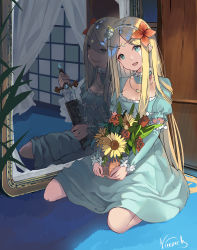Rule 34 | 1girl, :d, absurdres, aqua dress, aqua eyes, artist name, blonde hair, breasts, circlet, cleavage, collarbone, crown, dagger, detached collar, detached sleeves, different reflection, dress, evil smile, flower, frilled sleeves, frills, full body, hair flower, hair ornament, head tilt, highres, holding, holding dagger, holding knife, holding vase, holding weapon, indoors, jewelry, kneeling, knife, long hair, mirror, necklace, open mouth, overlord (maruyama), parted lips, puffy short sleeves, puffy sleeves, red flower, red rose, reflection, renner theiere chardelon ryle vaiself, rose, sheath, short sleeves, sidelocks, sitting, small breasts, smile, solo, straight hair, sunflower, tulip, unsheathing, very long hair, vierzeck, weapon, white flower, yellow flower