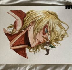 Rule 34 | 2girls, annie leonhart, blonde hair, blue eyes, colored pencil (medium), exposed muscle, eye contact, female titan, from above, full body, giant, giantess, highres, looking at another, multiple boys, multiple girls, paradis military uniform, photo (medium), shingeki no kyojin, size difference, standing, tafart, titan (shingeki no kyojin), traditional media, training corps (emblem)