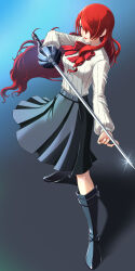 Rule 34 | 1girl, absurdres, boots, breasts, chiga akira, full body, high heel boots, high heels, highres, holding, holding sword, holding weapon, kirijou mitsuru, long hair, long skirt, long sleeves, looking at viewer, medium breasts, persona, persona 3, rapier, red eyes, red hair, ribbon, skirt, smile, solo, sword, weapon