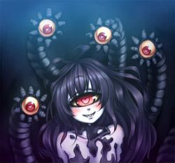 Rule 34 | 1girl, animated, black hair, blinking, colored sclera, colored skin, cyclops, extra eyes, gazer (monster girl encyclopedia), heart, heart-shaped pupils, looking at viewer, lowres, monorus, monster girl, monster girl encyclopedia, one-eyed, red eyes, resized, sharp teeth, smile, solo, symbol-shaped pupils, teeth, tentacles, ugoira, video, white skin, yellow sclera