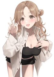Rule 34 | 1girl, absurdres, black camisole, black shorts, blush, breasts, brown eyes, brown hair, camisole, cleavage, collarbone, dolphin shorts, dot nose, hair bun, hair ribbon, hand on own chest, highres, ichikawa hinana, idolmaster, idolmaster shiny colors, jacket, large breasts, leaning forward, long hair, long sleeves, looking at viewer, open clothes, open jacket, open mouth, parted bangs, ribbon, shorts, simple background, single hair bun, single side bun, smile, solo, syhan, white background, white jacket, white ribbon