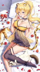 Rule 34 | 1girl, animal ears, apple, babydoll, bare shoulders, black thighhighs, blonde hair, blue eyes, blush, breasts, cat, choker, cleavage, commentary request, eating, flower, food, from above, fruit, girl cafe gun, haneru, highres, holding, holding food, holding fruit, jewelry, juno emmons, large breasts, leopard ears, leopard tail, long hair, lying, necklace, no shoes, open mouth, petals, pillow, ponytail, red apple, red flower, red rose, rose, single thighhigh, solo, strap pull, tail, thighhighs