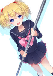 Rule 34 | 1girl, bad id, bad pixiv id, black socks, blonde hair, blue eyes, blush, bow, frilled skirt, frills, hair bow, highres, holding, kneehighs, long sleeves, looking at viewer, noda shuha, open mouth, original, pleated skirt, school uniform, serafuku, short hair, short twintails, silhouette, skirt, socks, solo, standing, tears, twintails, white background