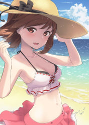 Rule 34 | 1girl, :d, alice gear aegis, arms up, bare arms, bare shoulders, beach, bikini, bikini top only, black bow, blush, bow, breasts, brown eyes, brown hair, cleavage, cloud, cloudy sky, cowboy shot, dated, day, errant, hand on headwear, hat, hat bow, highres, looking at viewer, medium breasts, navel, ocean, open mouth, outdoors, pink skirt, red ribbon, ribbon, ribbon-trimmed bikini, shore, short hair, signature, skirt, sky, smile, solo, stomach, strap gap, sun hat, sutegoro shiina, swept bangs, swimsuit, water, white bikini