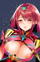 Rule 34 | 1girl, breasts, large breasts, nintendo, nipple slip, nipples, pyra (xenoblade), red eyes, red hair, short hair, smile, solo, upper body, xenoblade chronicles (series), xenoblade chronicles 2, xenoblade chronicles (series), xenoblade chronicles 2, yuuki shin