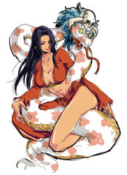 Rule 34 | 1girl, amazon lily, amazon warrior, black hair, boa hancock, breasts, cleavage, earrings, jewelry, large breasts, long hair, midriff, navel, one piece, salome (one piece), side slit, smile, snake, suna (bloooo1)