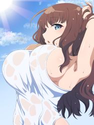 Rule 34 | 1girl, absurdres, ahoge, arm up, armpits, assault lily, bare arms, blue eyes, blue sky, breasts, brown hair, chestnut mouth, cloud, commentary request, day, hair lift, hand up, highres, kaede johan nouvel, large breasts, light blush, long hair, looking at viewer, one-piece swimsuit, outdoors, parted lips, saitou kakkou, school swimsuit, see-through, sideboob, sidelocks, sideways glance, sky, solo, standing, sun, sunlight, swimsuit, upper body, water drop, wavy hair, wet, wet clothes, wet hair, wet swimsuit, white one-piece swimsuit
